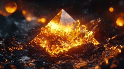 Fototapeta premium Fiery Crystal Pyramid Glowing Gemstone in Volcanic Ash Dramatic Lighting