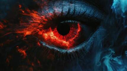 Close-up of an eye with fiery orange and red hues surrounded by blue smoke effects Copy Space
