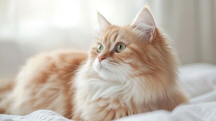 Obraz premium Close up of a fluffy orange cat with green eyes lounging on a soft white bed against a bright airy background with ample copy space for text
