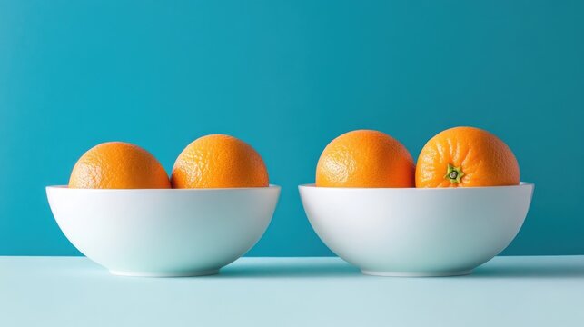 Two bowls of fresh oranges on a blue background with copy space for text or branding purposes