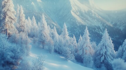 Fototapeta premium Snow-covered forest landscape with frosty trees in mountainous terrain during winter sunlight Copy Space