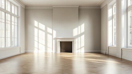 Bright empty room with large windows casting shadows on wooden floor and fireplace against a neutral wall Copy Space