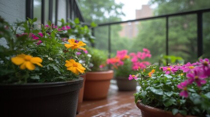 Colorful Flowers in Pots on Rainy Day on Urban Balcony