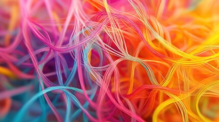 Abstract creative flow of ideas represented as colorful lines connecting multiple brains, idea network, collaborative business concepts