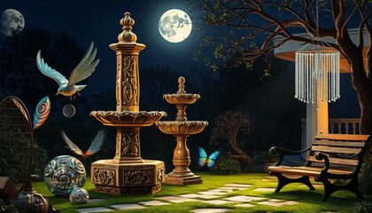 A_icon_of_In_an_enchanting,_moonlit_garden,_an_array_of_sculptural_objects_captivates_the_senses_A_towering_stone_fountain,_chiseled_with Generative AI