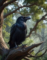 A majestic raven's head gazes out from beneath its wing, perched atop a gnarled branch high in the trees , wildlife, majestic, wingspan