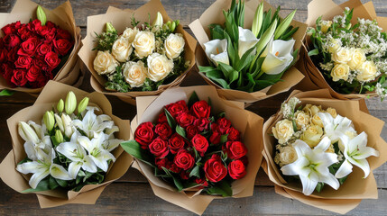 Elegant flower bouquets featuring roses and lilies on rustic wooden table