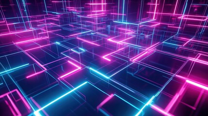 Abstract Network Connection - Neon Lights and 3D Structure - Abstract 3D rendering of a network connection with white nodes connected by lines, illuminated by neon blue and pink lights, representing 