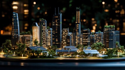 Naklejka premium Miniature Cityscape Model with Lights at Nighttime Display