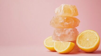 Stack of translucent soap bars with fresh lemon slices on a pink background featuring ample copy space for text or graphics