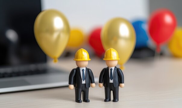 Construction toys celebrate success with festive balloons.