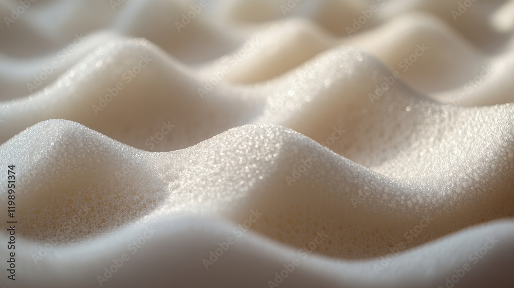 Poster close-up of textured foam surface showing soft undulating waves with a glossy sheen and fine bubbles