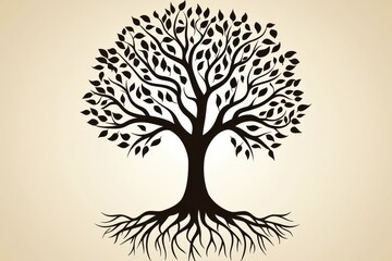 A stylized black tree with intricate branches and leaves, set against a light background, symbolizing growth and nature.
