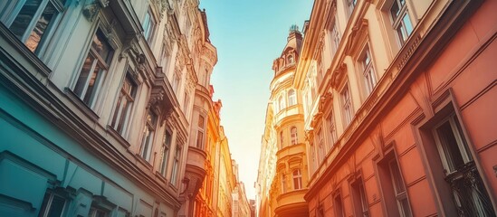 Charming urban streetscape showcasing a blend of historic beige and modern pastel architecture under a bright orange and blue sky with ample empty space for text