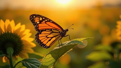 Obraz premium Monarch butterfly perched delicately on a verdant leaf; vibrant orange wings adorned with intricate black and white patterns. Black legs poised gracefully as sunlight dances through its form. A sunflo