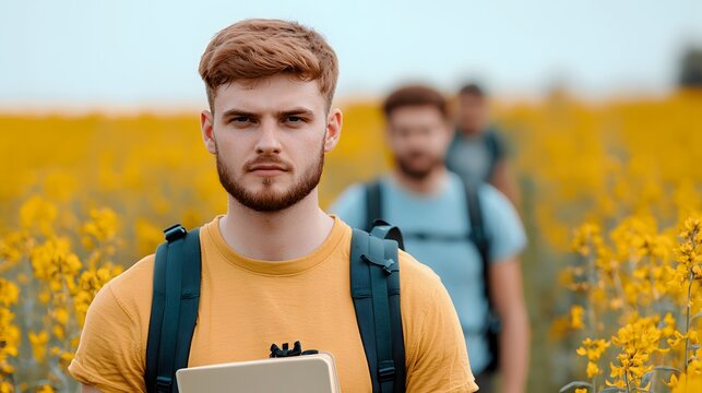 Adventurous Group Identifying Plants with AR Technology in a Vibrant Yellow Flower Field. Physical Exercise with Cognitive Twist Concept