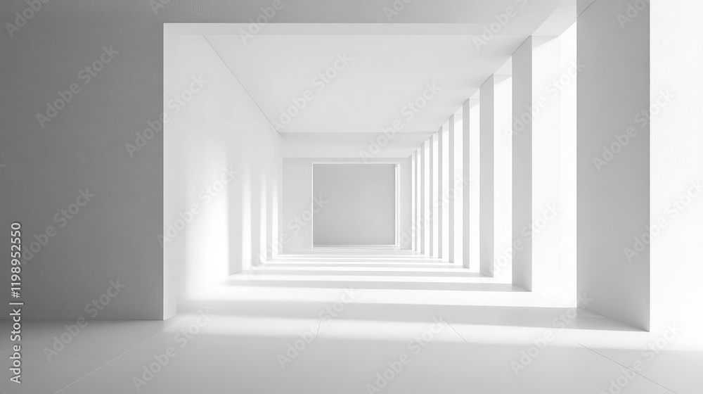 Poster monochromatic geometric interior with perspective view of white walls and columns creating a tunnel 