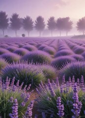 Obraz premium A misty morning in a field of fragrant purple lavender, soft colors, dew-kissed petals