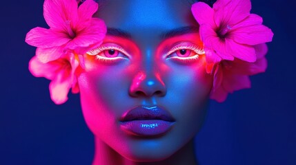 Portrait of a Beautiful Model with Neon Lighting and Flowers