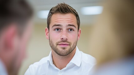 Obraz premium Focused man engaging in a professional discussion in an office.