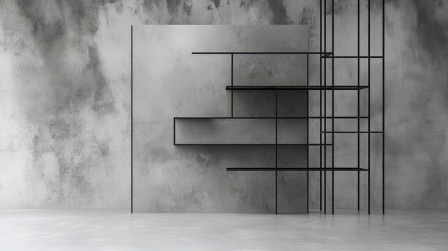 Modern abstract wall design with geometric black metal shelves on textured concrete background and ample copy space for text placement