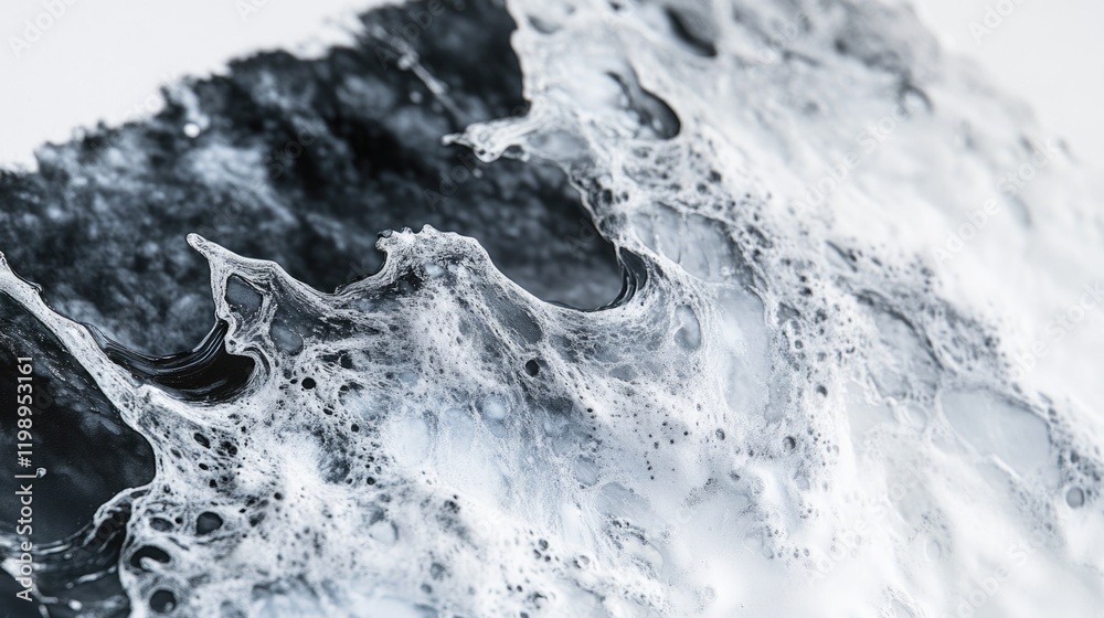 Poster abstract close-up of black and white liquid textures with foam and bubbles creating dynamic patterns