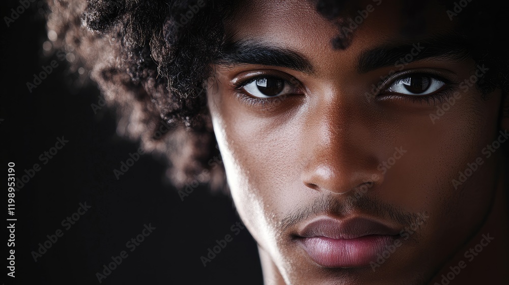 Poster close up portrait of a young multiracial man with curly dark hair and deep brown eyes against a dark