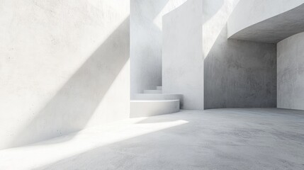 Minimalist interior space with abstract architectural elements and natural light creating shadows on smooth surfaces Copy Space