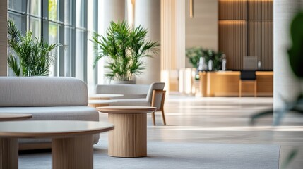 Fototapeta premium Modern hotel lobby interior with minimalist design featuring stylish furniture in soft beige and natural wood tones with ample copy space and greenery.