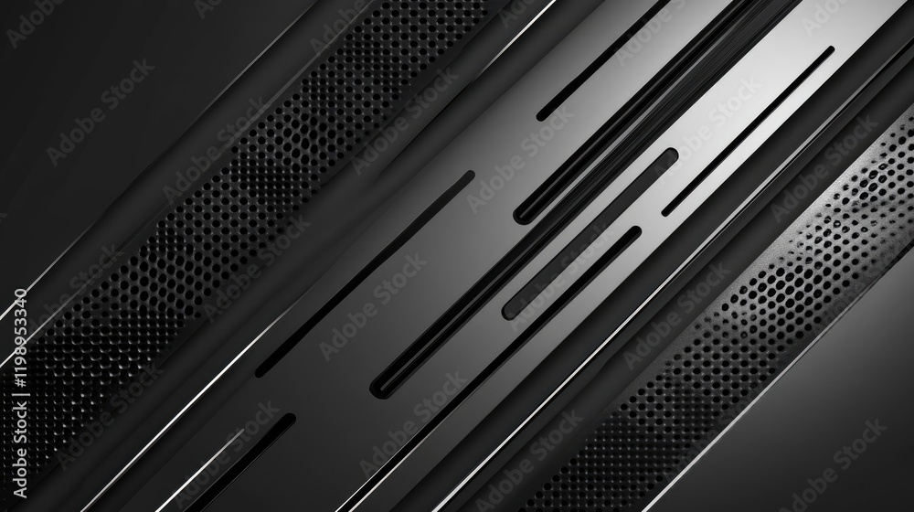 Poster abstract metallic background with diagonal lines and perforated patterns in black and silver tones c