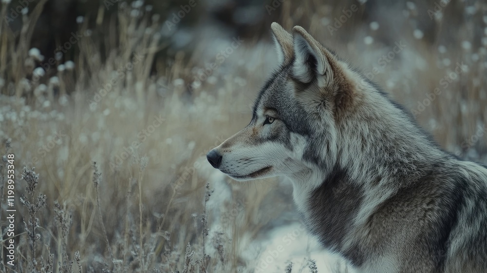 Poster Graceful gray wolf profile in serene wilderness setting with soft muted colors and natural grass backdrop, featuring ample copy space for text.