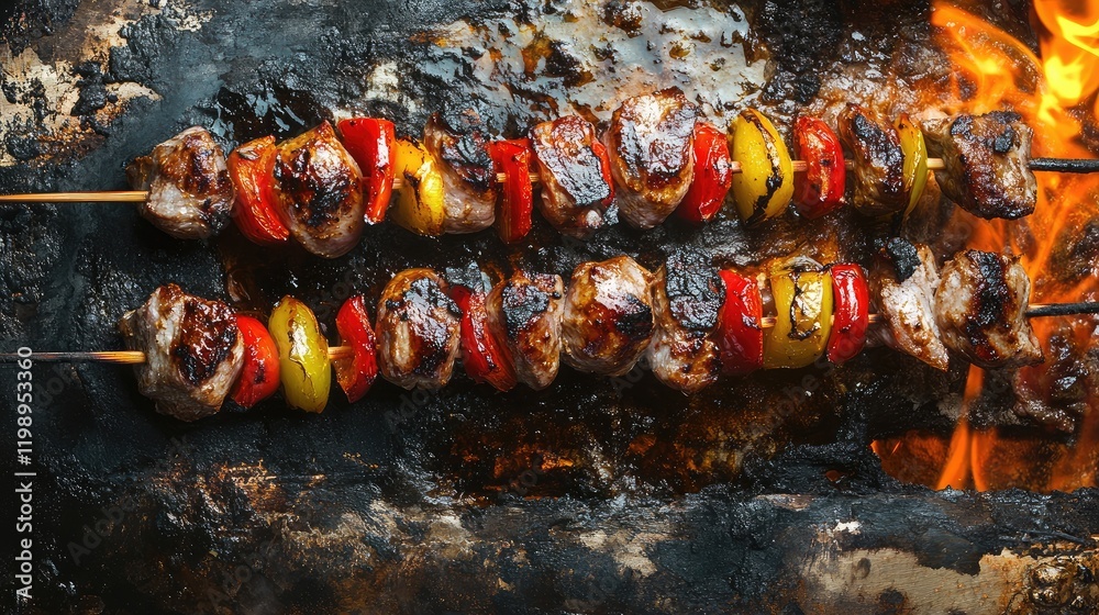 Poster Grilled meat skewers with colorful bell peppers on charred grill under flames with empty space for text in a picnic setting