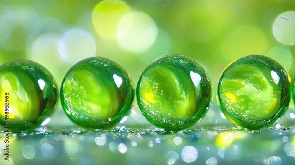 Aufkleber Close up of green glass marbles arranged in a row with reflections in vibrant colors and soft bokeh background with ample copy space for text
