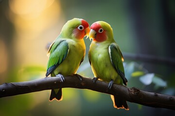 Agapornis bird lover colorful  on branch. Two affectionate lovebirds perched on a branch in soft light.