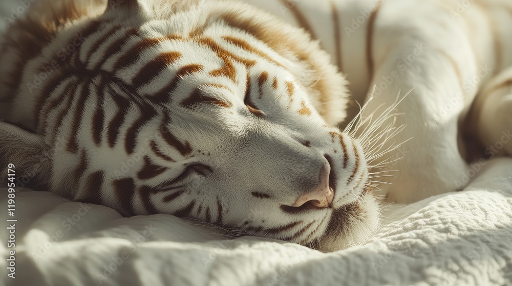 Aufkleber serene close-up of a resting white tiger on soft cream-colored fabric with natural light highlightin