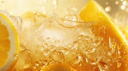 Close up image of a refreshing orange spritz drink with ice cubes and citrus slices on a light golden background with sparkling bubbles and empty space for text