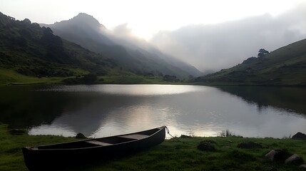 Obraz premium Serene mountain lake dawn, boat, mist, calm, nature, travel, postcard