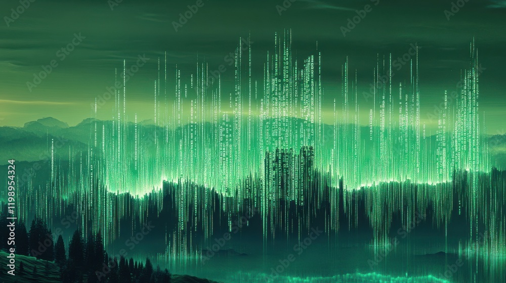 Poster digital matrix background with green binary code cascading in a futuristic virtual landscape effect