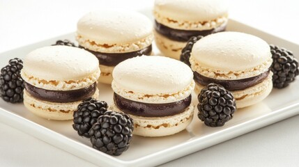Fototapeta premium White macarons filled with dark chocolate ganache and garnished with fresh blackberries on a square plate with Copy Space.