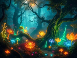 Fototapeta premium Mystical astral forests with vibrant, glowing flora and fauna, pulsating ethereal light