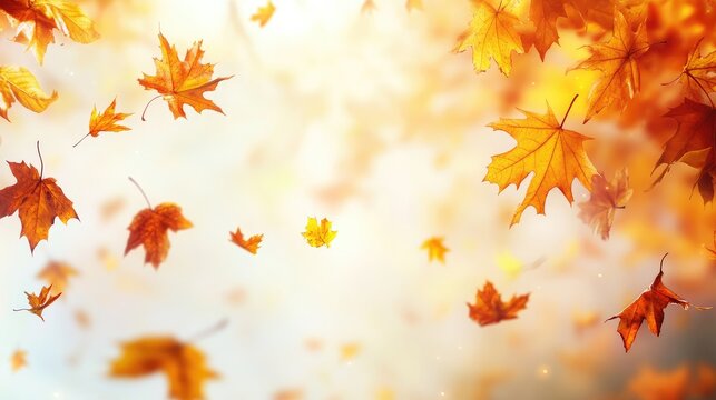 Vibrant close-up of swirling autumn leaves in warm hues of orange and yellow with soft blurred background ideal for text overlay in a natural setting