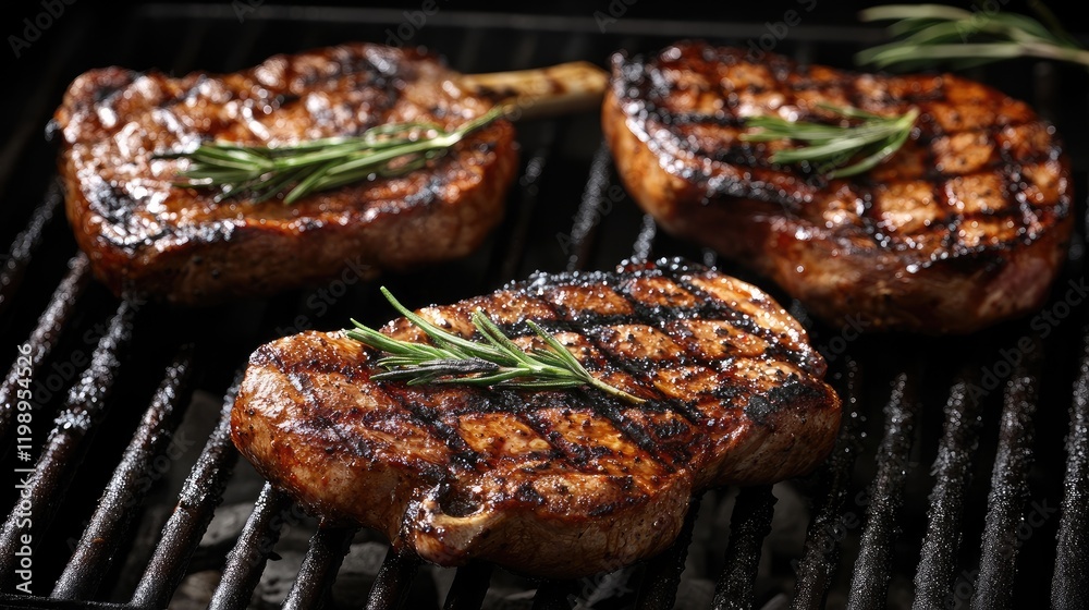 Poster grilled meats on barbecue with rosemary, summer cooking scene and empty space for text.