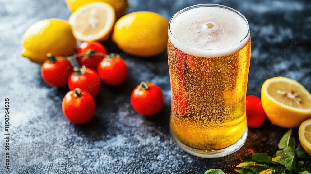 Poster Refreshing close-up of a cold golden beer in a glass with vibrant red tomatoes and bright yellow lemons on a textured dark background with empty space for text