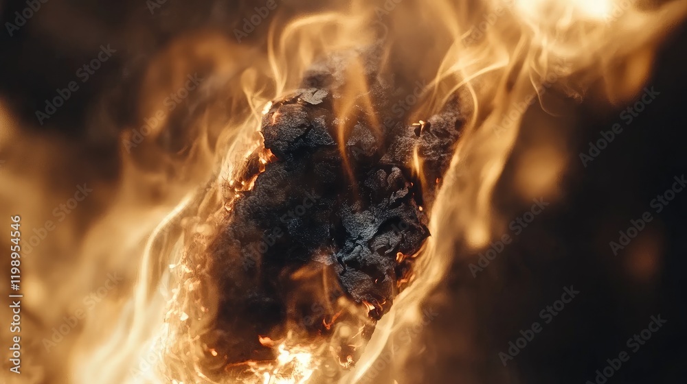 Poster Close-up of glowing ashes and embers from a burning cigarette on a dark background with swirling flames offering ample empty space for text.