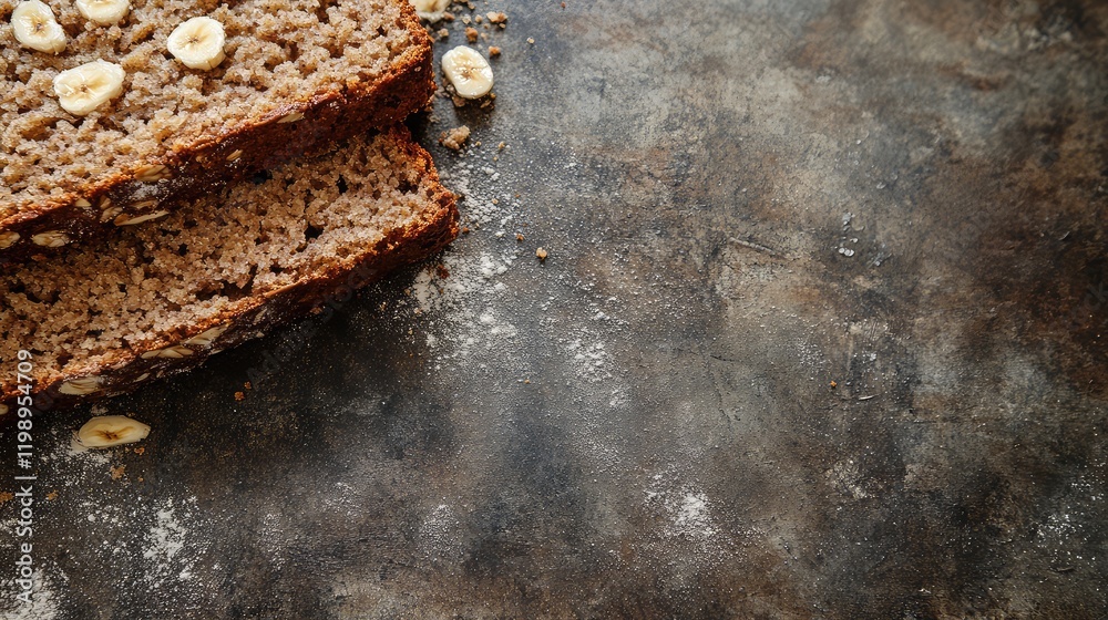 Poster close up of freshly sliced whole wheat banana bread on a textured dark stone surface, showcasing hea