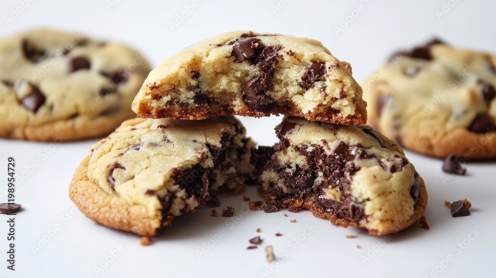 Poster Close up of half eaten homemade chocolate chip cookies in a crumbled heap on a bright white background with ample empty copy space for text