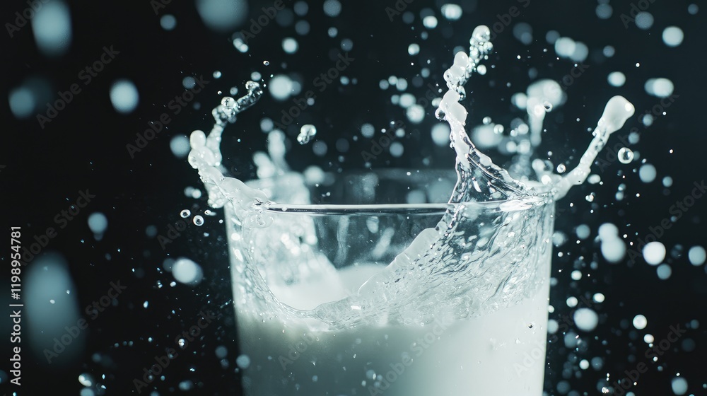 Aufkleber Dynamic splash of fresh milk in a clear glass on a textured black background with water droplets and negative space for text.