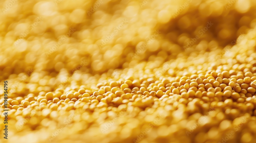 Poster Close-up composition of vibrant golden mustard seeds textured in soft focus with an airy blurred background, featuring ample empty space for text.