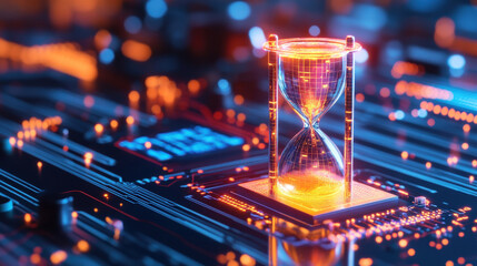 glowing hourglass on digital circuit board symbolizes time and technology