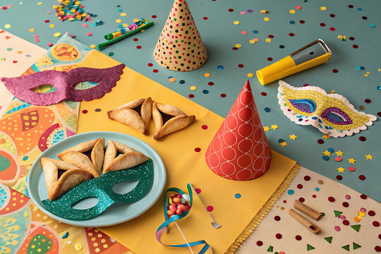 Vibrant purim celebration with colorful decorations and confetti for festive party.